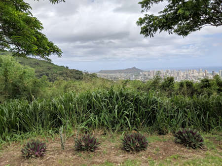 The city of Honolulu from Diamond head to Downtown, and oceanscape visible on Oahu on a nice day at...