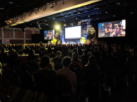 Palm Springs - October 27, 2018:  Russell Brand speaks to large crowd at Wanderlust Wellspring.  Russell Edward Brand is an English comedian, actor, radio host, author, and activist.のeditorial素材