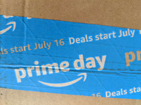 Honolulu -  July 17, 2018:  Amazon Prime Day on blue tape on Packaging.  Prime Day is...