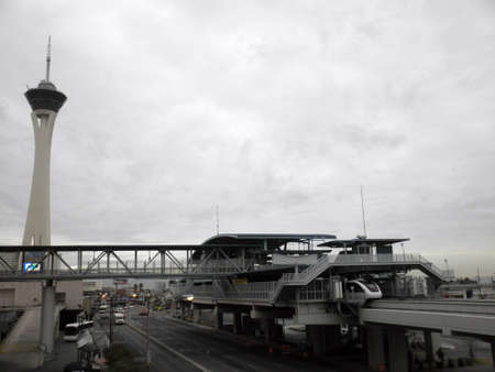 Las Vegas -  February 8, 2010:  SLS Monorail Station with Stratosphere Casino, Hotel & Tower in...