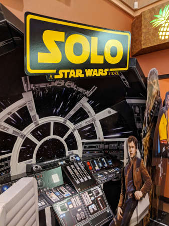 Honolulu - April 30, 2018:  Solo - A Star Wars Story Ad featuring the inside of the Millennium Falcon with Han Solo, Chewbacca, and Lando Calrissian  inside Regal Theater Dole Cannery.のeditorial素材