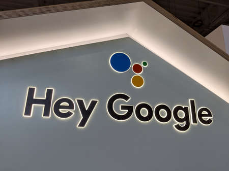 Honolulu -  March 16, 2019:  Hey Google Sign.  Close-up of Logo on Display inside Best Buy Store.  Google LLC is an American multinational technology company that specializes in Internet-related services and products, which include online advertising techのeditorial素材