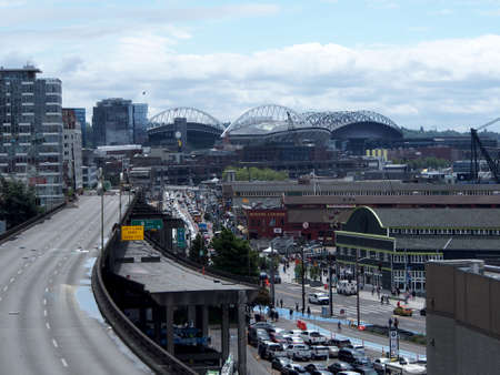 Seattle - May 18, 2019: Tear down of State Route 99 and the Seattle seaboard leading towards Stadium.  It was a double-decked highway system known as the Alaskan Way Viaduct which was replaced with a tunnel.のeditorial素材