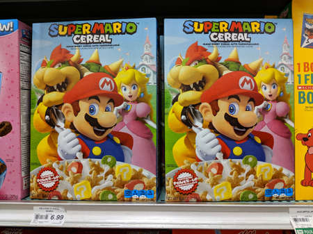 Honolulu - November 5, 2018: Super Mario Cereal for sale on store shelf inside Foodland store.
