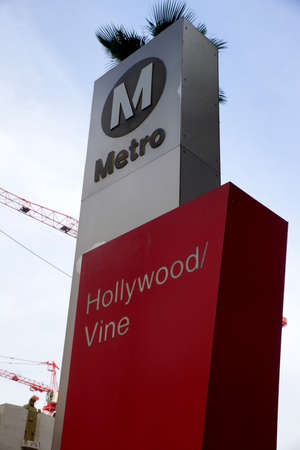 LA - January 23, 2014: Hollywood/ Vine light rail metro station sign in Hollywood, Los Angeles, California on January 23, 2014 in Los Angeles, CA.  The system, which has an average daily weekday ridership of 362,904 as of June 2012,[2] is owned and operatのeditorial素材