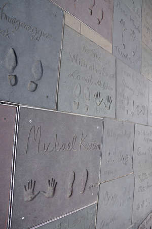 LA - January 23, 2014: Celebrity Hand prints on ground in cement including Michael Keaton and Jimmy Steward on Hollywood Boulevard on January 23, 2014, Los Angeles.  There are nearly 200 celebrity handprints in the concrete of Chinese Theatre's forecourt.のeditorial素材
