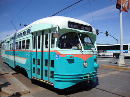 San Francisco - April 6, 2010: Blue Streetcar No. 1076 Washington, D.C. historic streetcar of the F-Line MUNI Train.のeditorial素材