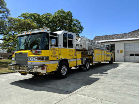 Waikiki - May 7, 2019: Fire Truck parked at Fire Station 07 WaikÄ«kÄ«  during the day.