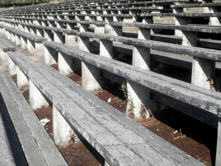 Old wooden bleachers stretch as far as the eye can see.  Taken at Golden Gate Park.の写真素材