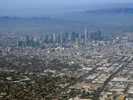 LA - October 26, 2018: Downtown Los Angeles and surrounding area aerial view taken from an airplane.のeditorial素材