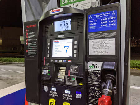 Honolulu - June 18, 2020:  Pump at Costco Gasoline station at night during the Covid-19 lockdown....
