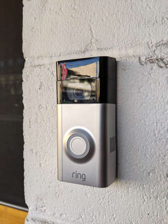 Honolulu - June 29, 2020:  Ring Doorbell 2 mounted on building entrance.  Rind doorbell is a  video doorbell that lets you see, hear and speak to people from your phone, tablet, or select Echo device.のeditorial素材