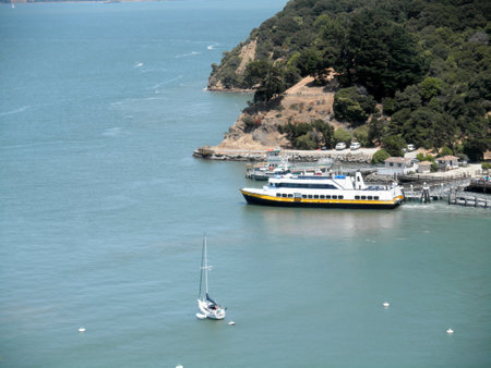 California - July 8, 2010: Aerial of Ferry Boat leaving dock at Angel Island in San Francisco Bay.のeditorial素材