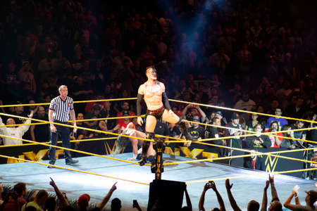 San Jose, California - March 27, 2015: NXT male wrestler Demon Finn Balor stands on ropes to...