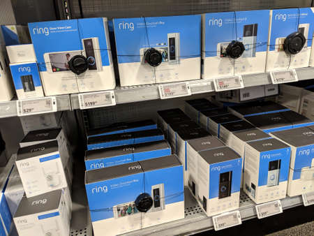 Honolulu - August 19, 2019: Ring Video Doorbell, Stick Up Cam, Battery and Chime for sale on shelf...