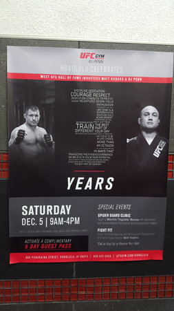 Honolulu - November 25, 2015: 3 Year celebration Poster Sign on wall of UFC Gym BJ Penn in Honolulu, Hawaii. The Poster feature UFC legends Matt Hughes and BJ Pennのeditorial素材