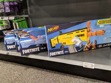 Honolulu - September 28, 2019:  Fortnite Nerf Gun and Super Soaker Toys Display Display at Best Buy....