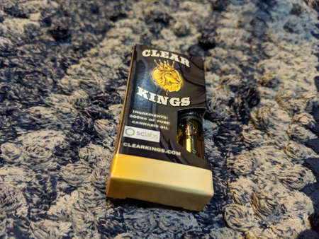 Honolulu - December 20, 2018:  Clear Kings Cannabis vaporizers cartridges in packaging. Vape cartridges contain concentrated cannabis oil that is heated by a battery and vaporized for inhalation.のeditorial素材