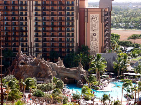 Ko Olina, Oahu, Hawaii - December 21, 2012: Aerial view of The new Disney' Aulani Hotel Resort and Spa pool and slide in the resort community of Ko Olina.のeditorial素材