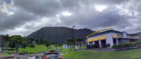 Honolulu - October 25, 2021: Panoramic McDonalds Store and Valley of the Temples Memorial Park.  McDonald's primarily sells hamburgers, cheeseburgers, chicken, french fries, breakfast items, soft drinks, milkshakes, desserts.のeditorial素材