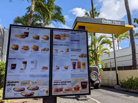 Honolulu - December 10, 2020: Digital Menu at McDonalds Drive Thru Lane.