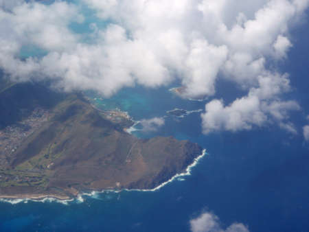 Aerial view of Rabbit and, Rock Islands, Makapuu, Sea Life Park, clouds and Pacific Ocean on Oahu, Hawaii.  On a spectacular day.の写真素材
