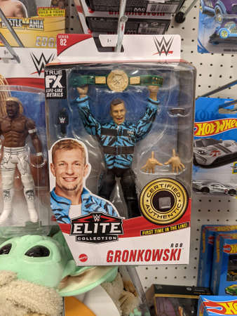 Honolulu - April 9, 2021: WWE Elite Collection Rob Gronkowski action figure on display along with other toys inside Target store.のeditorial素材