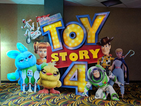 Honolulu - April 29, 2019:  Disney Pixar Toy Story 4 Pop-up movie poster featuring Woody, Buzz Lightyear, Forky, Bo Peep, Duke Caboom, Ducky, Bunny,のeditorial素材