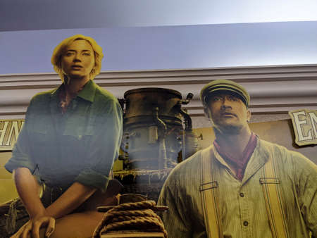Honolulu - July 6, 2021:  Jungle Cruise Movie Poster Dwayne Johnson and Emily Blunt inside Regal Theater Dole Cannery.のeditorial素材