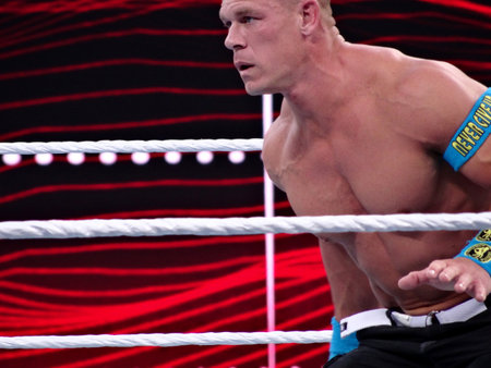 Santa Clara, California - March 29, 2015.: Close-up of WWE Wrestler John Cena during match at Wrestlemania 31 at Levi's Stadium.のeditorial素材