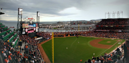 San Francisco - October. 28, 2010 : Opening Ceremony of game 2 of the 2010 World Series game between Giants and Rangers with whole stadium and surrounding area in view AT&T Park San Francisco, CA.   Panoramicのeditorial素材