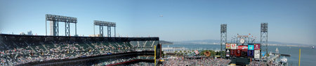 San Francisco - April 5, 2009 : Giants Baseball game vs. Dodgers with stands, bleachers, and surrounding area in view AT&T Park San Francisco, CA.   Panoramicのeditorial素材