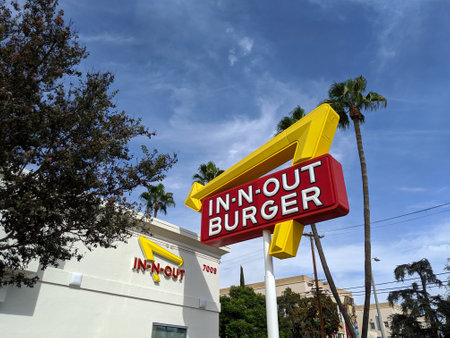 LA, California, United States - October 16, 2019: Exterior Sign and In-N-Out Burger restaurant. In-N-Out Burgers, Inc. is a regional chain of fast food restaurants with locations the United States Southwest.のeditorial素材