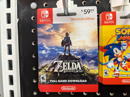 Honolulu - September 7, 2021: Nintendo Switch digital games  The Legend of Zela Breath of the Wild Full Game Download cards for sell on Display inside Target store. Nintendo Switch is designed to go wherever you do, transforming from home console to portaのeditorial素材