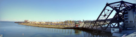 San Francisco - April 5, 2010: Water of McCovey Cove and 3rd street bridge in seen from ballpark.のeditorial素材