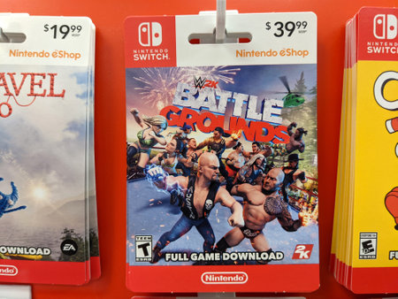 Honolulu - September 7, 2021: Nintendo Switch digital games WWE 2K Battle Grounds Full Game Download...