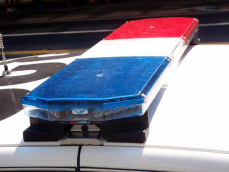 San Francisco - September 26, 2009:  Close-up of LED Police lights on top of SFPD cop car in California, USA.のeditorial素材