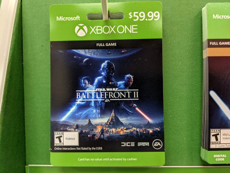 Honolulu - September 21, 2019: Xbox One Star Wars Battlefront II by EA Full Game Digital Code for sale at Target Store.のeditorial素材