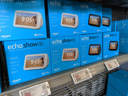 Honolulu - September 21, 2019: Echo Show 5 Smart display speaker with Alexa for sell inside Best Buy store.  Echo Show is designed around Amazon's virtual assistant Alexa.のeditorial素材