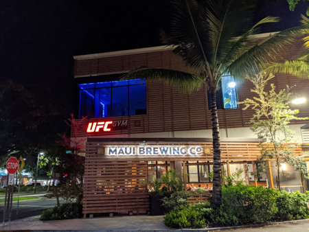 Kailua, Hawaii, United States - September 11, 2021:  UFC Gym and Maui Brewing Company building at night.のeditorial素材