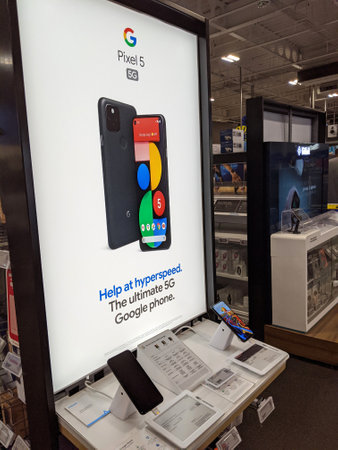 Honolulu - November 7, 2020: Google Pixel 5 5G Display and Sign inside Best Buy store.  Help at Hyperspeed.  The Ultimate 5G Google Phone.のeditorial素材