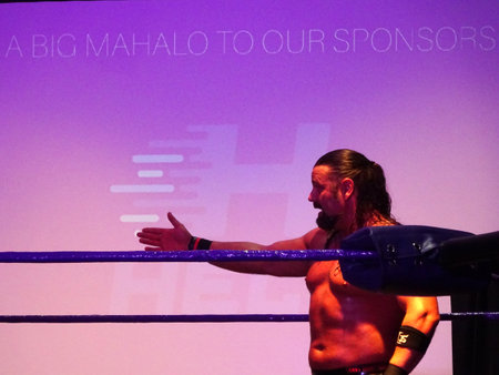 Honolulu - November 17, 2019: Wrestler James Storm reaches out hand in the ring at UCE Wrestling event at Dave and Busters in Honolulu, Hawaii.のeditorial素材