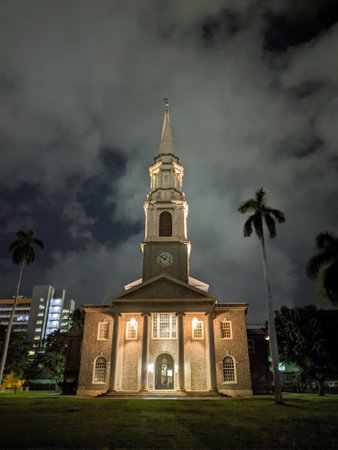 Central Union Church of Honolulu illuminated at night.   Built 1922, designed in traditional New England style.の写真素材