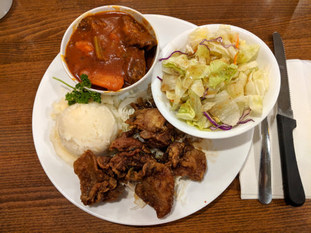 Mix Plate: Crispy Shoyu Chicken and Beef stew with side salad and mashed potatoes.の写真素材