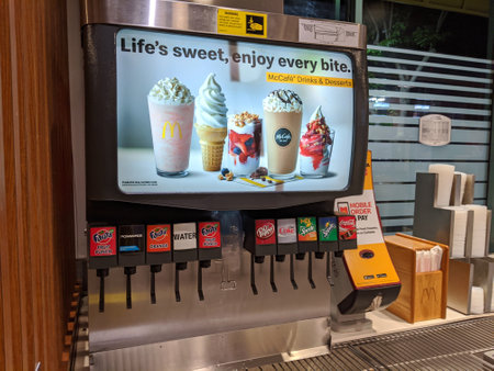 Honolulu, Hawaii, USA - March 14, 2020: Coca-Cola Classic Soda Fountain Station at McDonald's with Fanta, Powerade, Water, Dr Pepper, Sprite and ad for McCafe Drinks and Desserts next to Straws, Napkins, and Lids.のeditorial素材