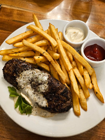 A succulent grilled steak topped with a creamy sauce, accompanied by a generous serving of golden crispy fries, presented on a white plate. The perfect image to represent a hearty, delicious meal.の写真素材