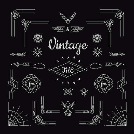 Set of vintage geometric shape elements linear thin design with frame corner badge line art decoのイラスト素材