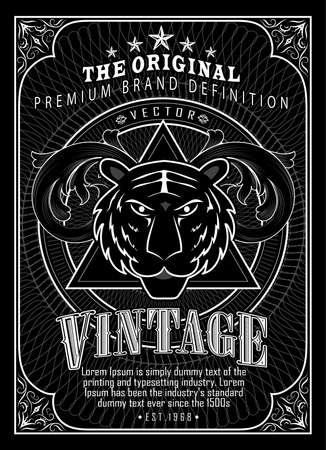 Vintage engraving frame border western label antique tiger hand drawn retro vector illustrationのイラスト素材