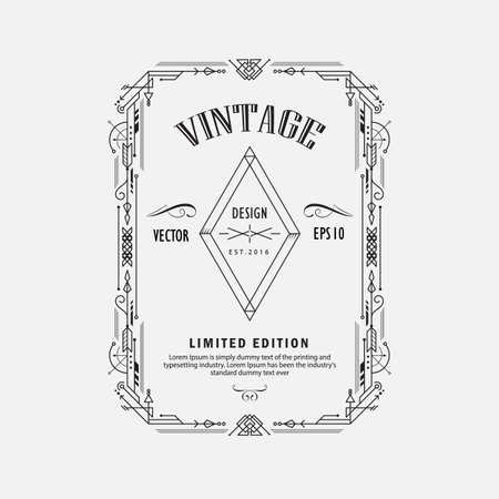 vintage linear thin line geometric shape art deco retro design elements with frame corner badgeのイラスト素材