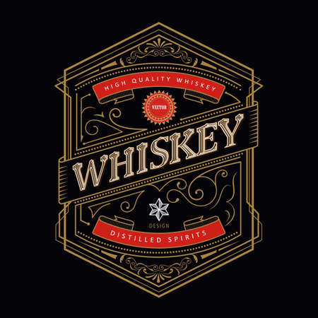 Whiskey antique frame Vintage border engraving western retro label vector illustrationのイラスト素材